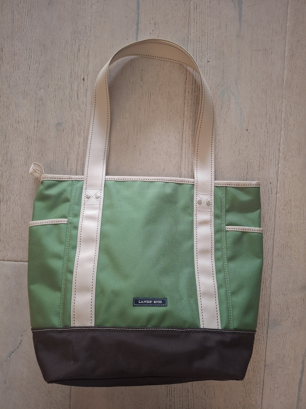Lands' End Green Canvas Tote with Cream Straps